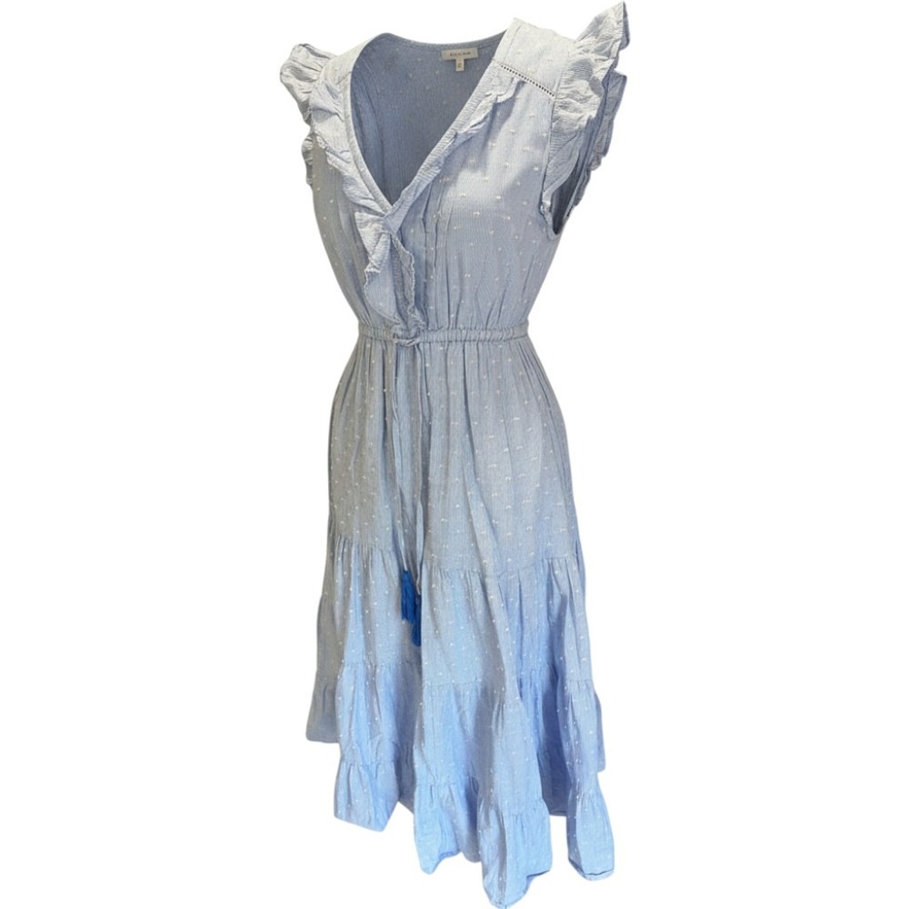 Mer St. Barth Women L Blue Striped Clip Dot Ruffle Tiered Midi Dress Tassels